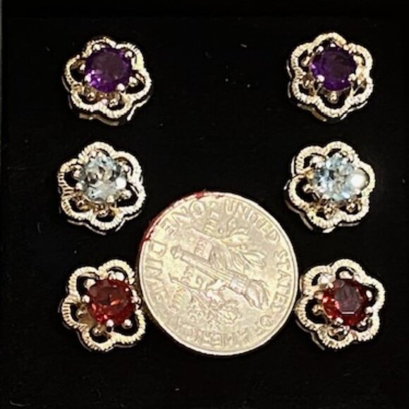 BIN 3 prs SILVER-tone AMETHYST Clear RUBY CZ Flower STUDS * Giftable * Thick - Picture 6 of 8